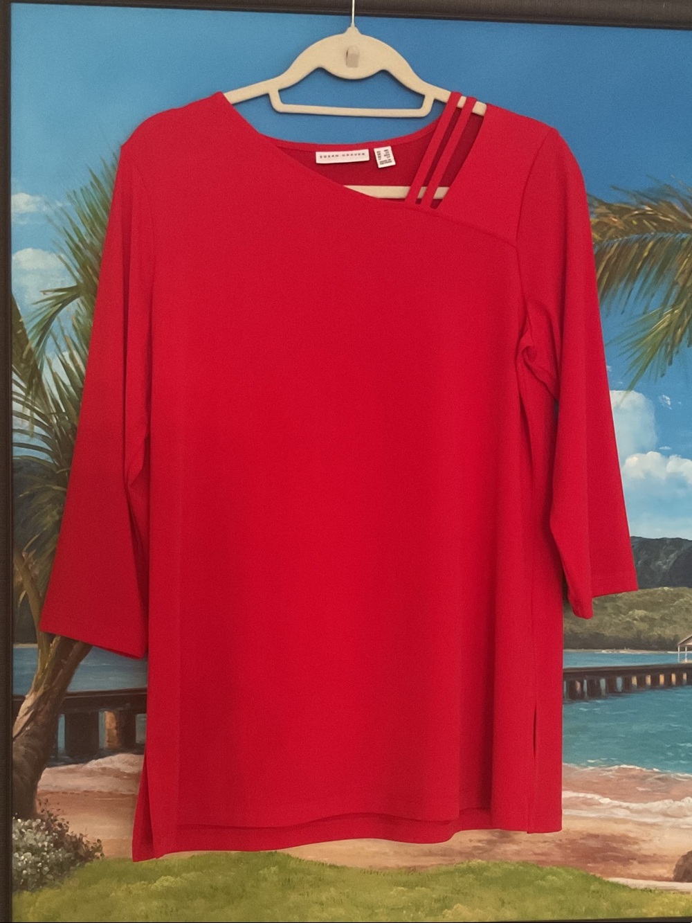 Susan Graver Red 3/4 Sleeve Top with Asymmetric Neck and Triple Strap Detail